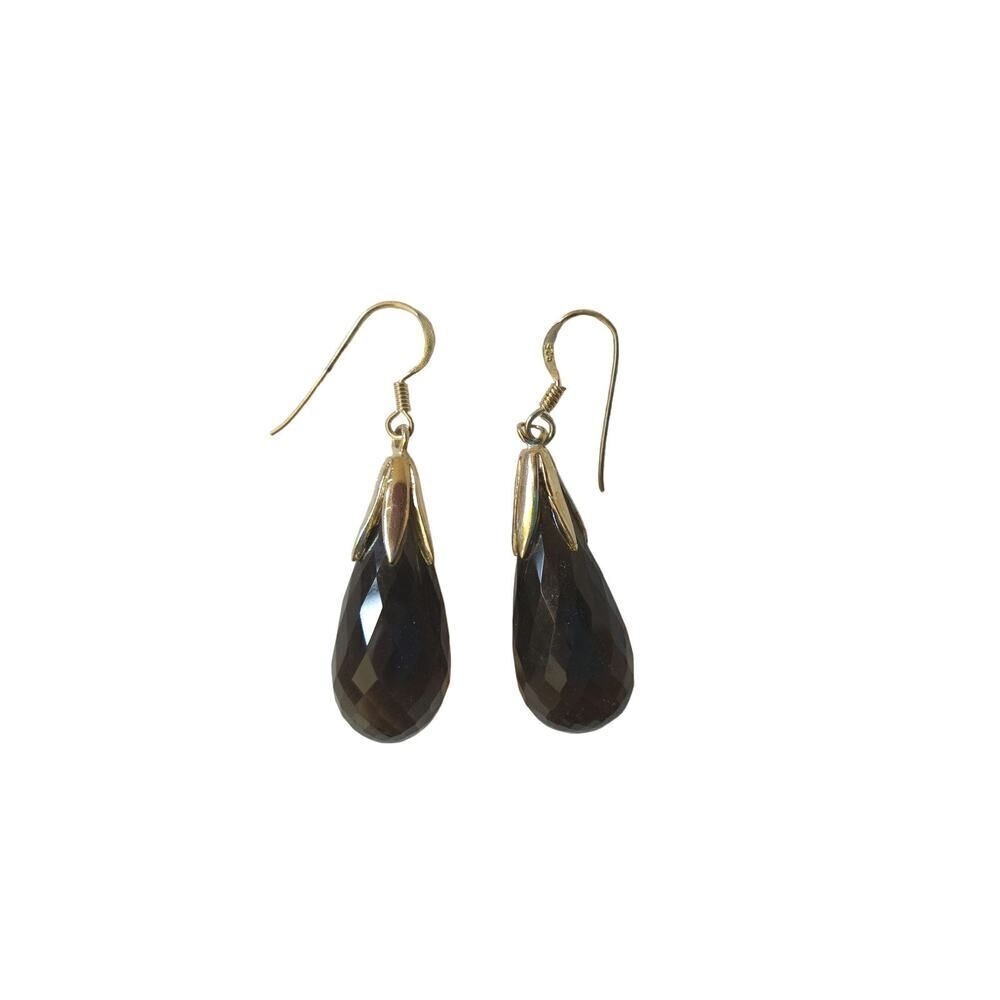 Faceted Smoky Quartz Teardrop Dangle Earrings Solid Sterling Silver 925